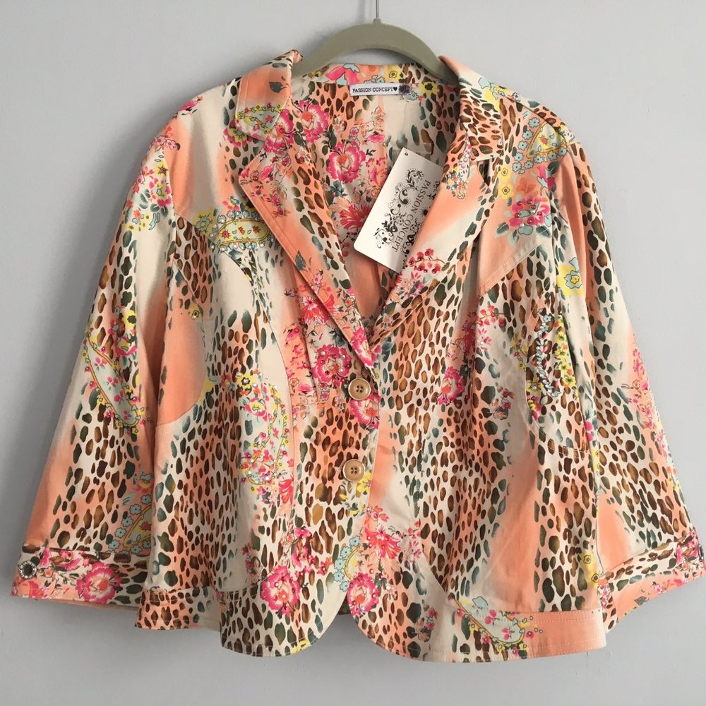 Passion Concept Orange Floral and Leopard Print Rhinestone Jacket